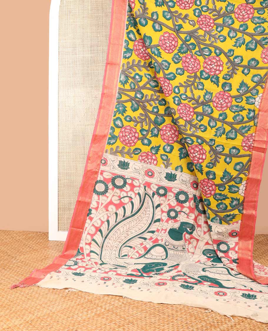 Yellow floral vine design machine-printed kalamkari cotton saree with contrast zari design border & animal motif pallu