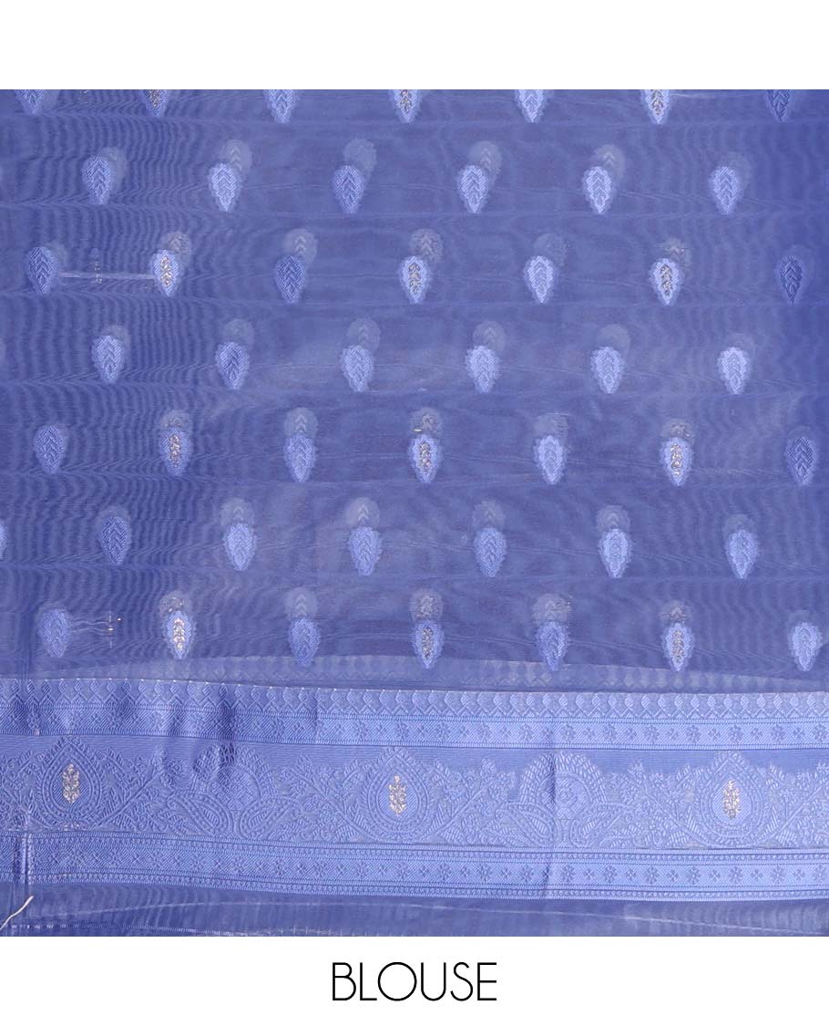 Cream with blue thread weaving, zari butta banaras brasso saree with contrast thread border & thread weaving pallu along with butta design blouse