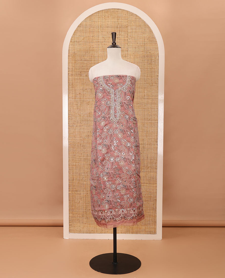 Fawn color material chudidar set, floral printed & outline mixed embroidery organza top,plain bottom & floral vine sequins embroidery dupatta