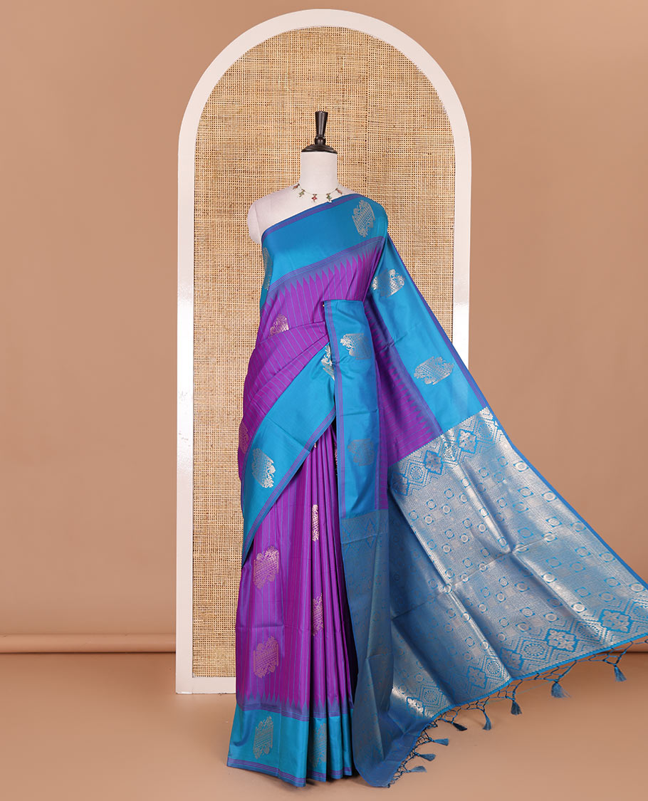 Violet striped and zari buttas Mulberry silk saree, contrast temple zari buttas border, intricate pallu, and contrast zari design blouse