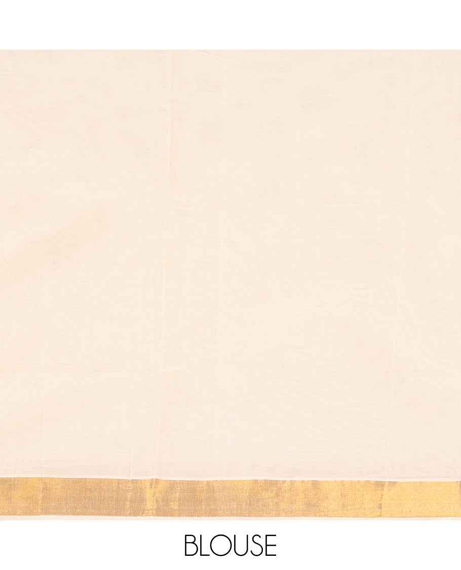 Cream Kerala Saree, Subtly Woven with Zari Buttas on Its Body, Bavanji Zari Border, Sparkling Zari-Woven Pallu of Intricate Designs, and Paired with a Matching Blouse