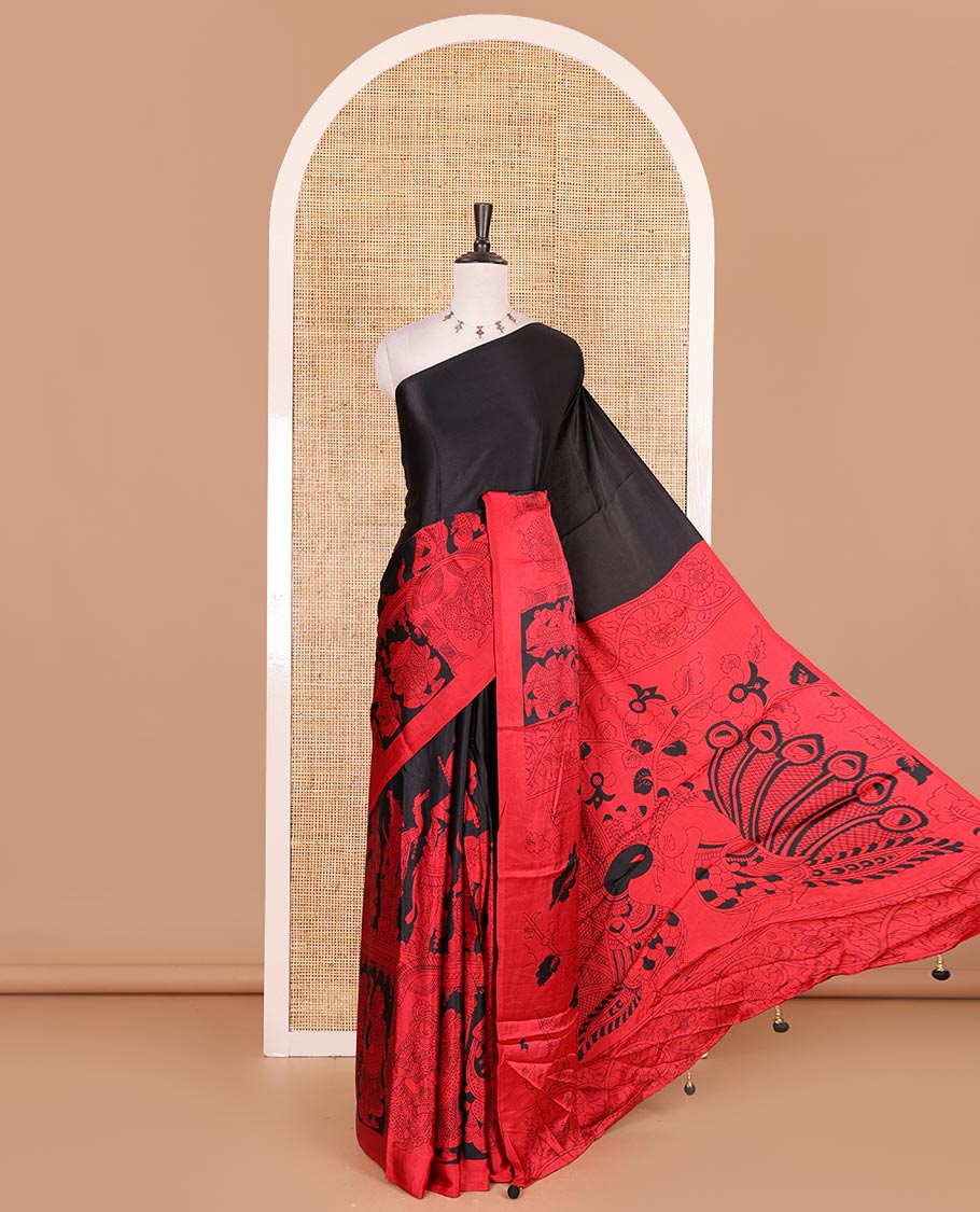 Borderless black and red colored kalamkari human figurines printed Gaji silk saree, kalamkari printed pallu and blouse