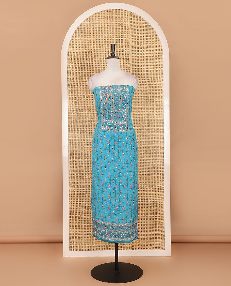 Ananda Blue material chudidar set, floral-theme batik printed with mirror embroidered crepe top, santoon bottom, and Chinon dupatta of print, and mirror embroidery