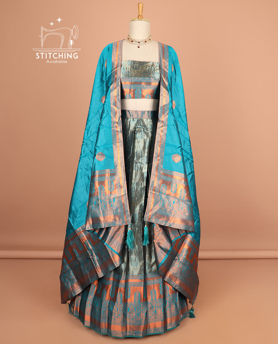 Green floral design half saree with contrast zari design border, zari design blouse & floral zari design dhavani