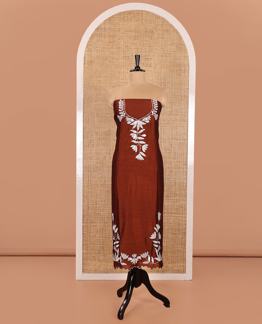 Brown Material Churidar Set, Detailed with Floral Motifs Sequins-Thread Embroidered on Its Vichitra Silk Top, Comes with a Contrast Santoon Bottom, and Paired with a Vichitra Silk Floral Embroidered Scallop Dupatta