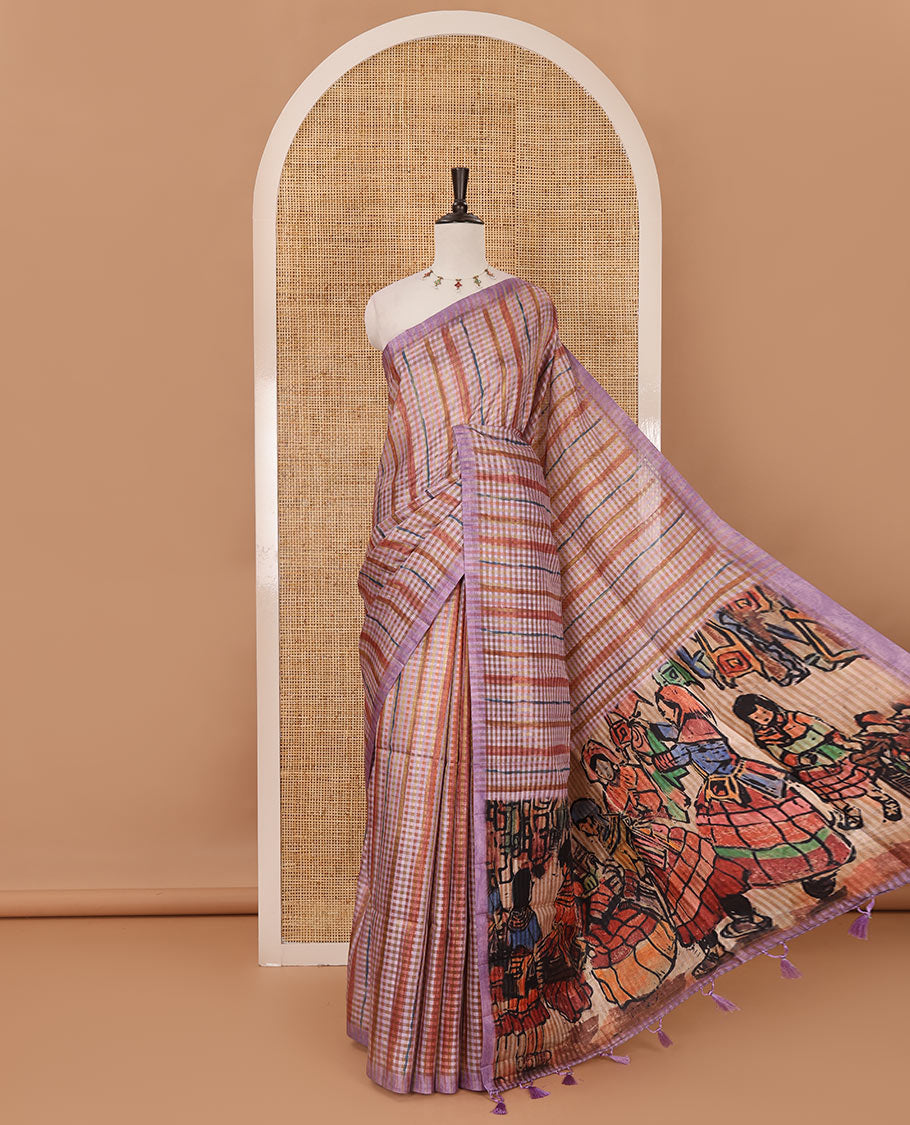 Borderless lavender checked & stripes printed fancy tussar saree, contrast painting-style Indian woven motifs printed pallu & checked printed blouse
