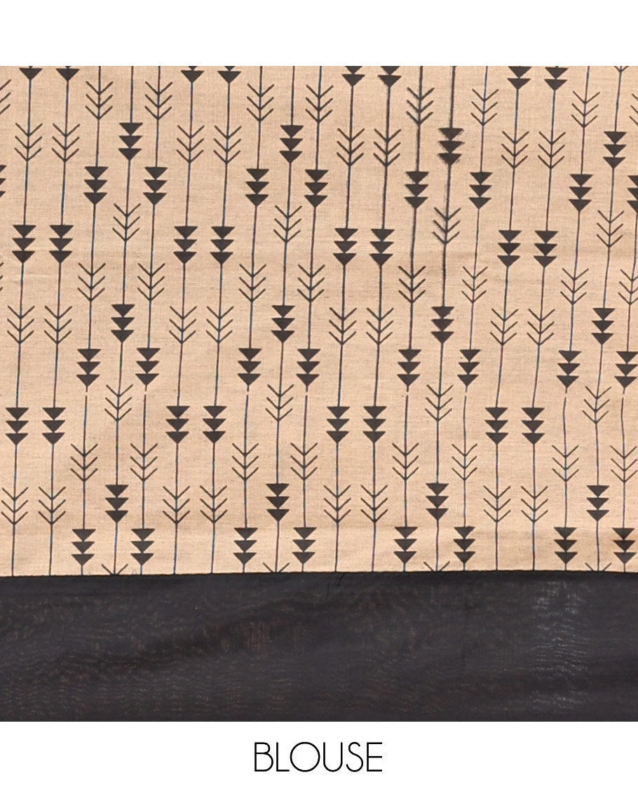 Black Plain Poly Cotton Saree, a Contrast Arrow-Stripes Printed Border, Arrow-Stripes Printed Pallu, and a Contrast Blouse