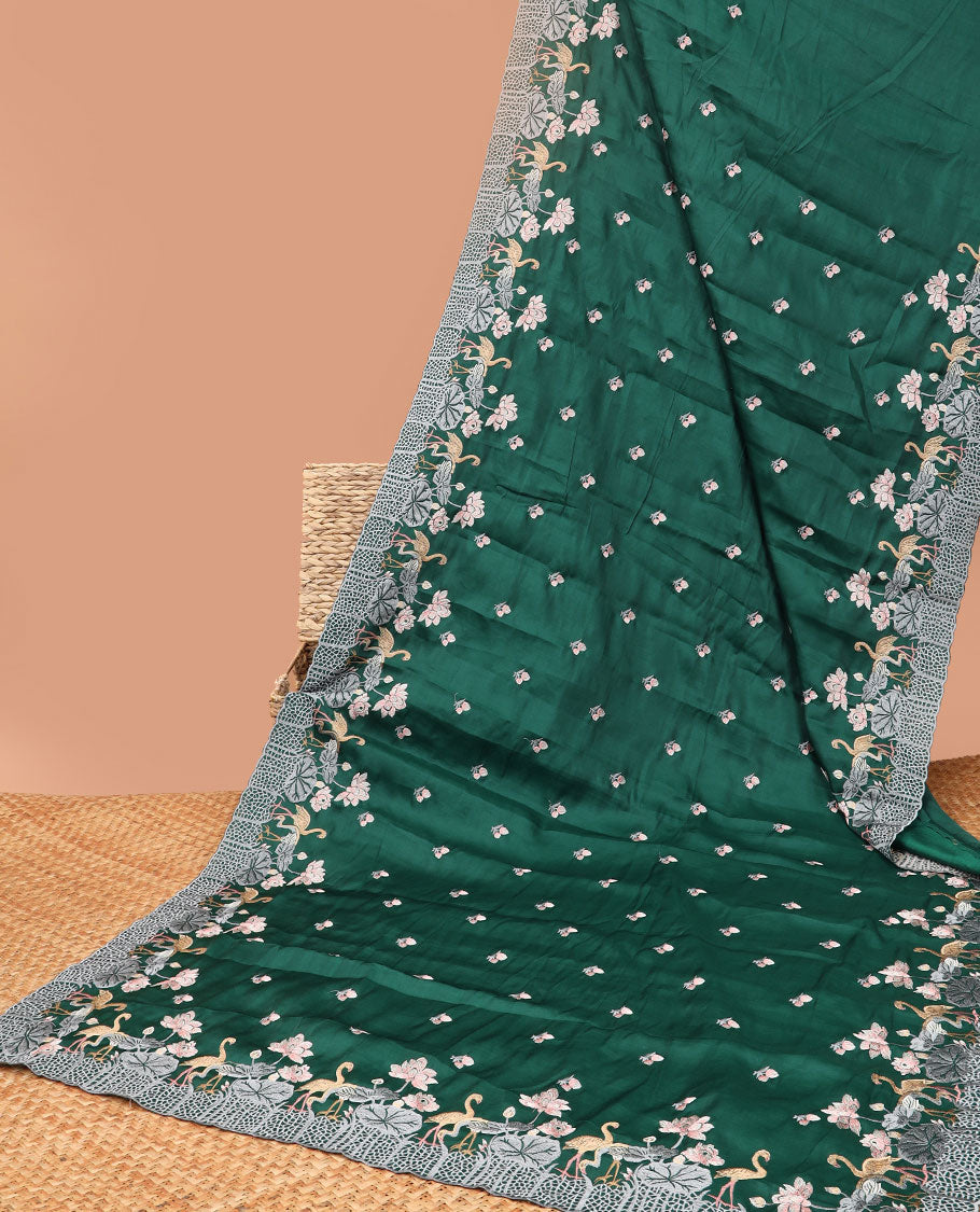 Green all-over floral motifs thread embroidery tussar silk saree with self floral, animal embroidery border