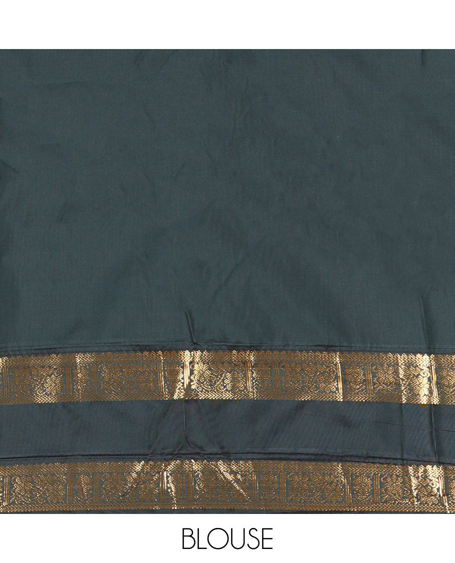 Pink Kanchipuram Budget Silk Saree, Elevated with Temple Zari Buttas All Over Its Body, Complemented by a Contrast Traditional Zari Design Rettai Pettu Border, Opulently Embellished Pallu, and Paired with a Contrast Blouse