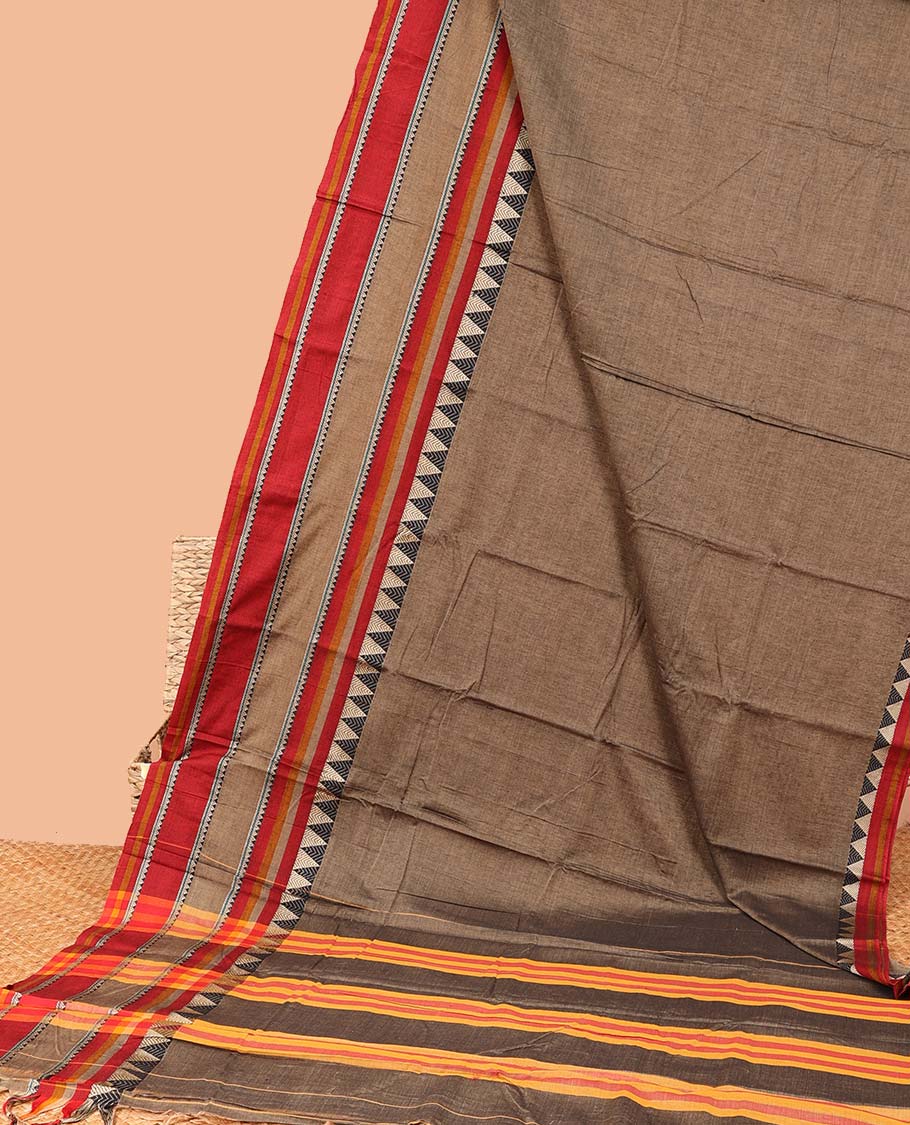 Brown plain Narayanapet cotton saree, contrast traditional design border & striped pallu