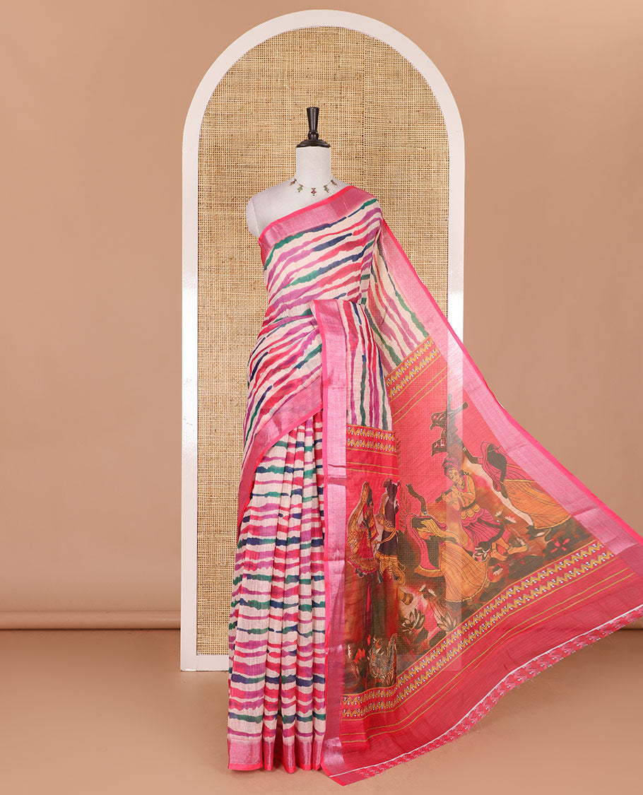 Multi-color leheriya-style stripes printed linen cotton saree, contrast bavanji border, wedding style printed pallu, and contrast printed blouse