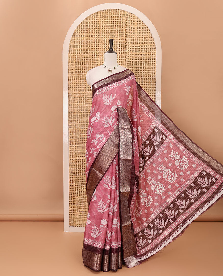 Onion pink zari striped & floral printed dola silk saree,contrast zari design border,floral-paisley print pallu, printed-zari-work blouse