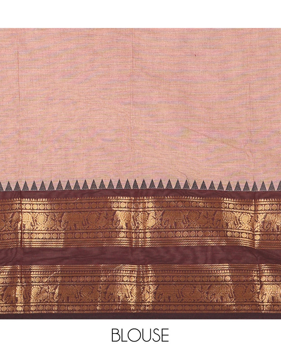 Brown Plain Chettinad Cotton Saree, a Contrast Traditional Rettai Pettu Temple Border, Striped Palu, and a Matching Blouse