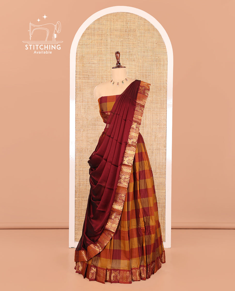 Fawn-Maroon Chettinad Cotton Half Saree Features Checked Skirt, Peacock Traditional Border, Matching Blouse, Contrast Dhavani