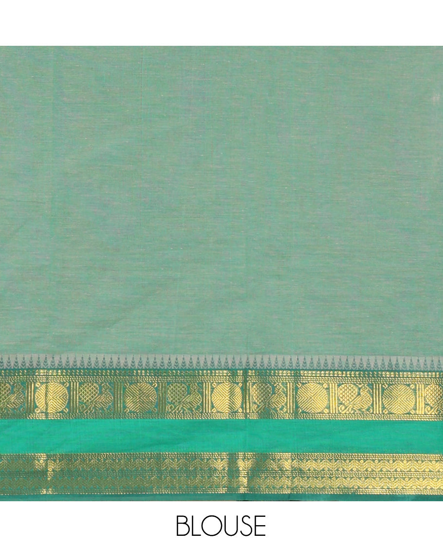 Grey-Green Andhra Cotton Saree, Decorated with Motifs Print, a Contrast Rettai Pettu Traditional Border, Pallu of Stripes, and Contrast Blouse