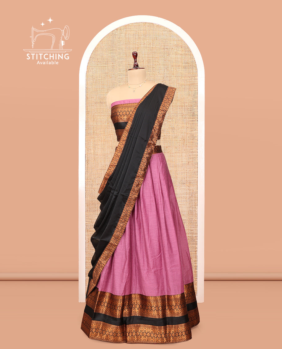 Onion Pink Chanderi Cotton Half-Saree, Plain Skirt, Contrast Traditional Zari Rettai Pettu Border, a Matching Blouse, and Contrast Dupatta