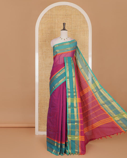 Pink plain Chettinad cotton saree, contrast  traditional zari rettai pettu temple border, striped pallu and plain blouse