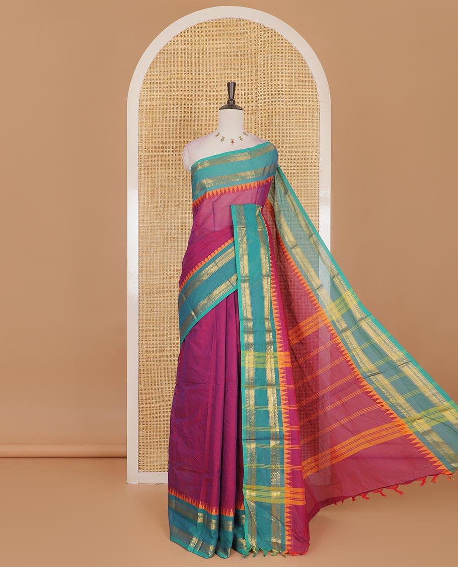 Pink plain Chettinad cotton saree, contrast traditional zari rettai pettu temple border, striped pallu and plain blouse