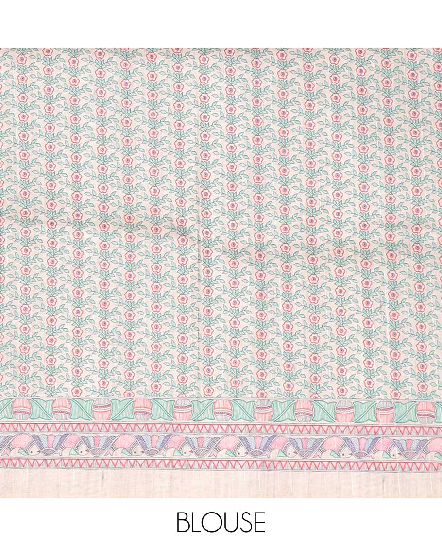 Brown plain semi tussar saree with mudhubani printed border & madhu bani printed pallu, with tussels, small flower printed blouse