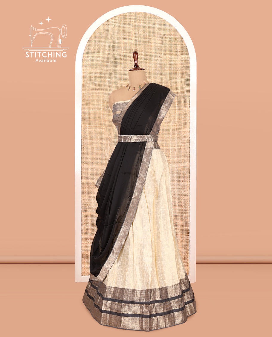 Cream-Black Semi-Silk Half-Saree