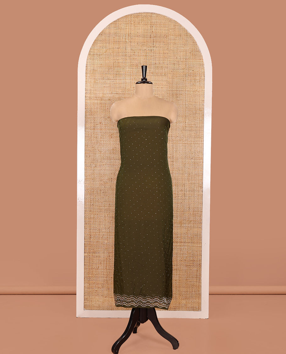 Mehendi Green Material Churidar Set, Decked Up with Swarovski Stone Work Nc Moss Organza Top, Comes with a Plain Santoon Bottom, and Floral Printed Nc Moss Organza Dupatta