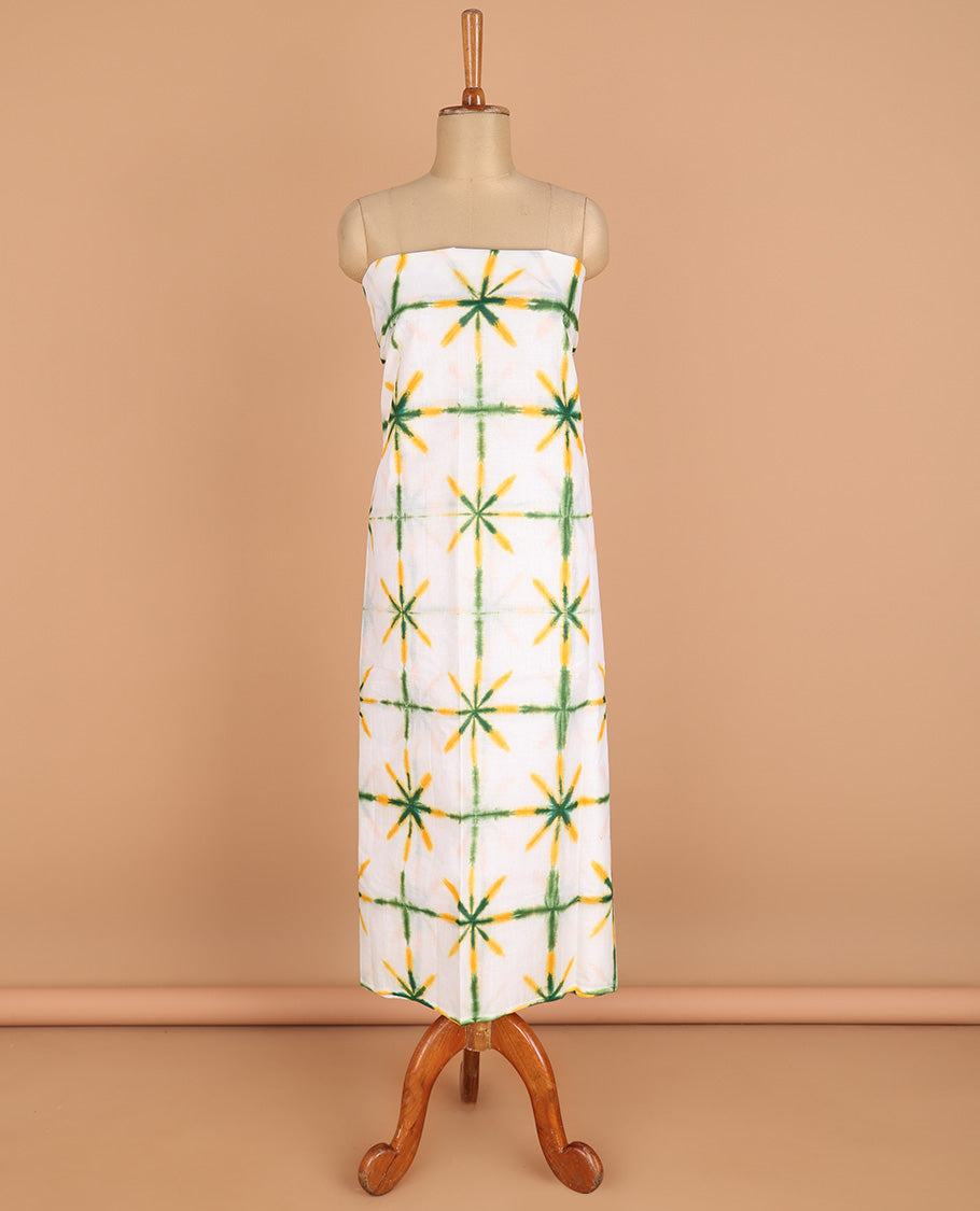 Cream with yellow chudidhar material pure cotton batik print top with cotton pants & double side hand print dupatta