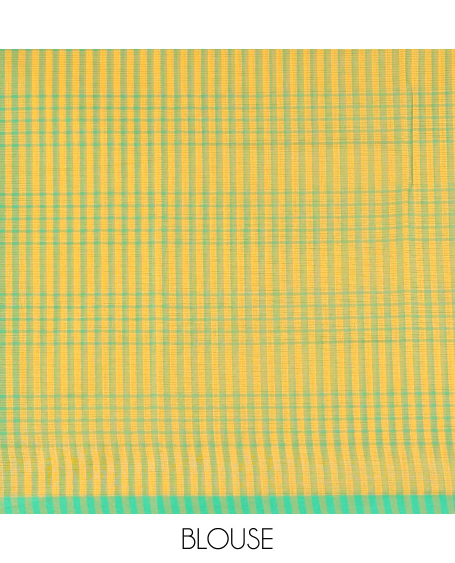 Yellow checked design khadi cotton saree with contrast striped border & checked design pallu