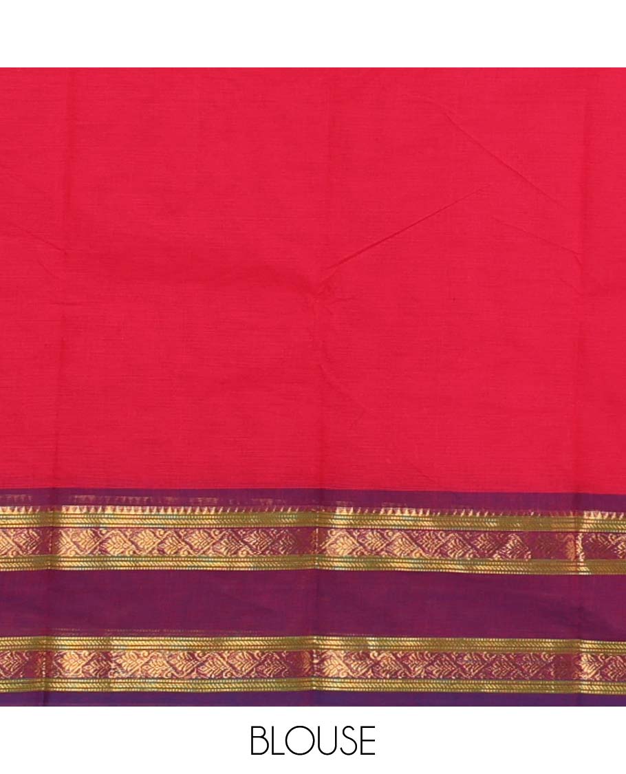 Pink plain Chettinadu cotton saree,contrast rettai rettu traditional zari border,lining seer pallu & matching plain blouse