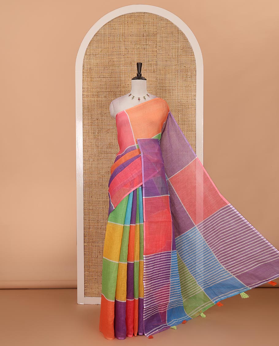 Borderless multi colour colorful big checked geometric theme printed linen saree, striped pallu and contrast plain blouse