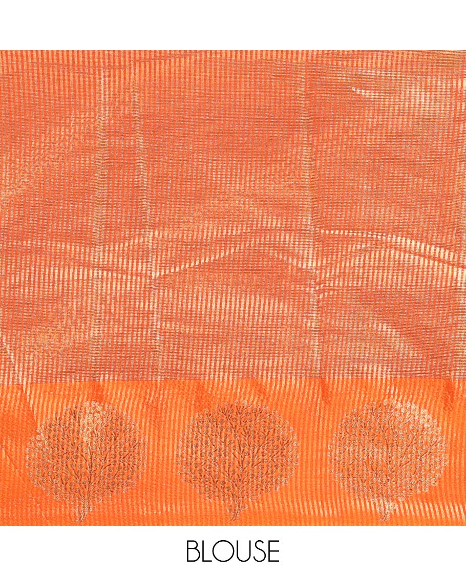 Brown Tissue-Cotton Blended Saree, Subtly Sparkled with Vertical Stripes on Its Body, Complemented by Contrast Border of Tree Motifs Woven, a Pallu Steeped with Zari Stripes, and Paired with a Contrast Blouse