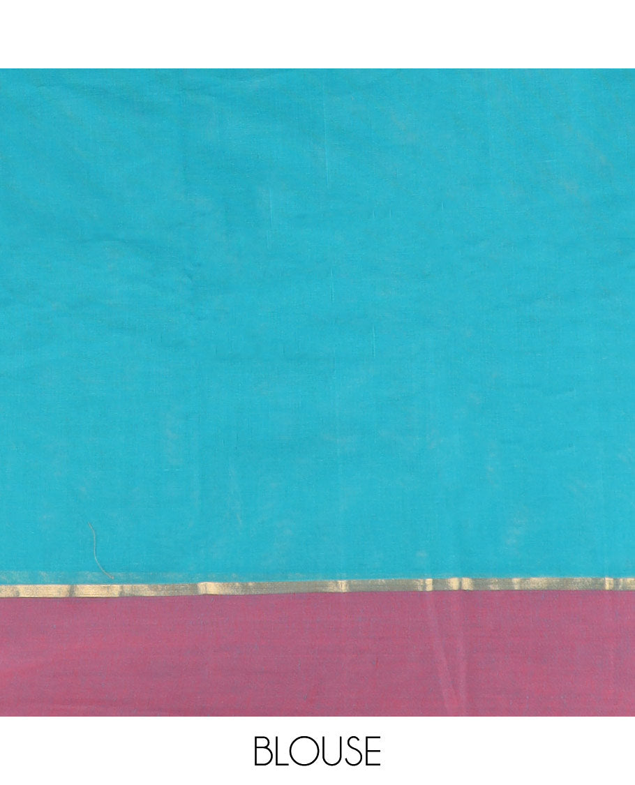 Blue floral motifs kanchi cotton saree with contrast floral design border & floral design pallu