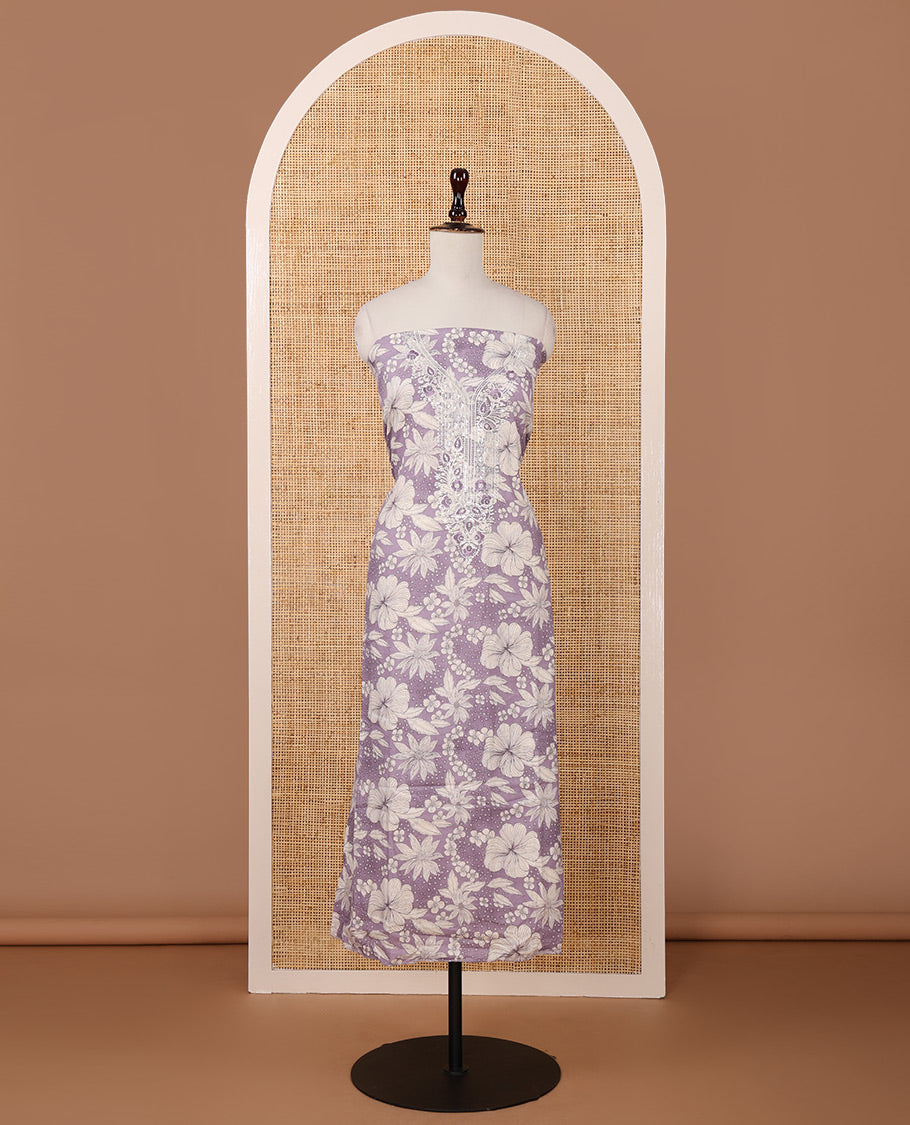 Lavender cotton chudidar material set,floral print & neck sequin embroidery top,stripes printed bottom & floral printed dupatta