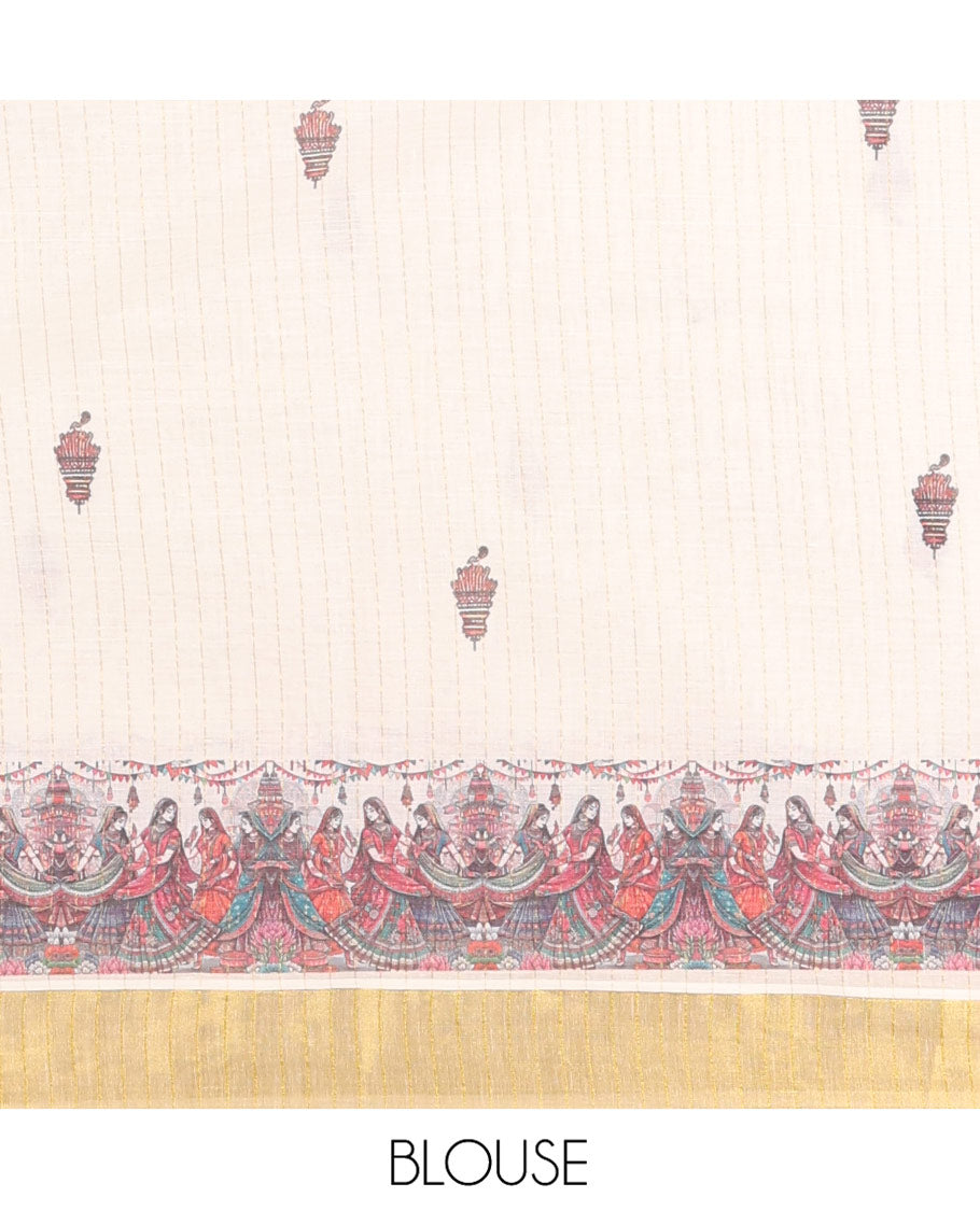 Half-White Kerala Cotton Saree, Artfully Detailed with Dancing Human Figurines Printed on Its Body, Highlighted by a Zari Border, Pallu Pictures the Same Print, and Paired with a Matching Printed Blouse