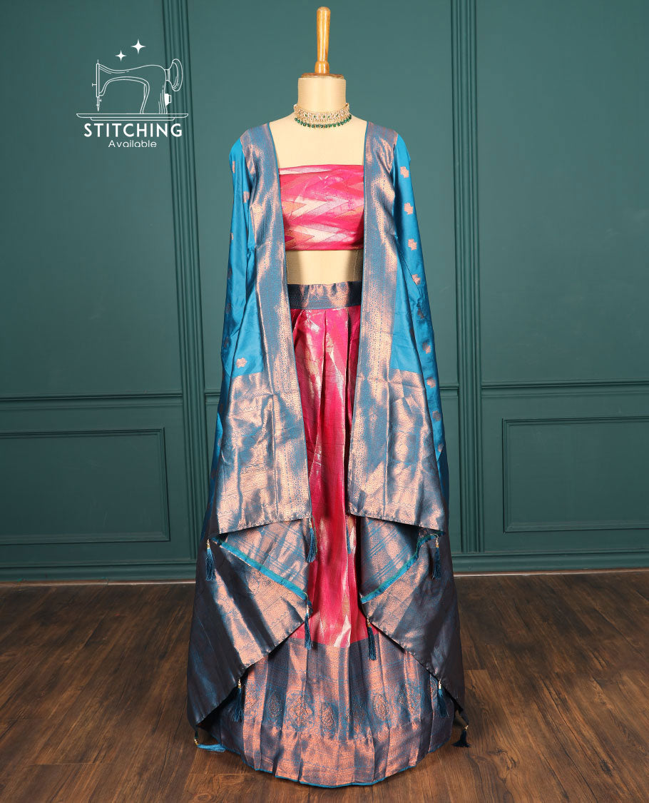 Pink chevron artsilk halfsaree,contrast traditional zari design & stonework border,blouse & intricate dhavani