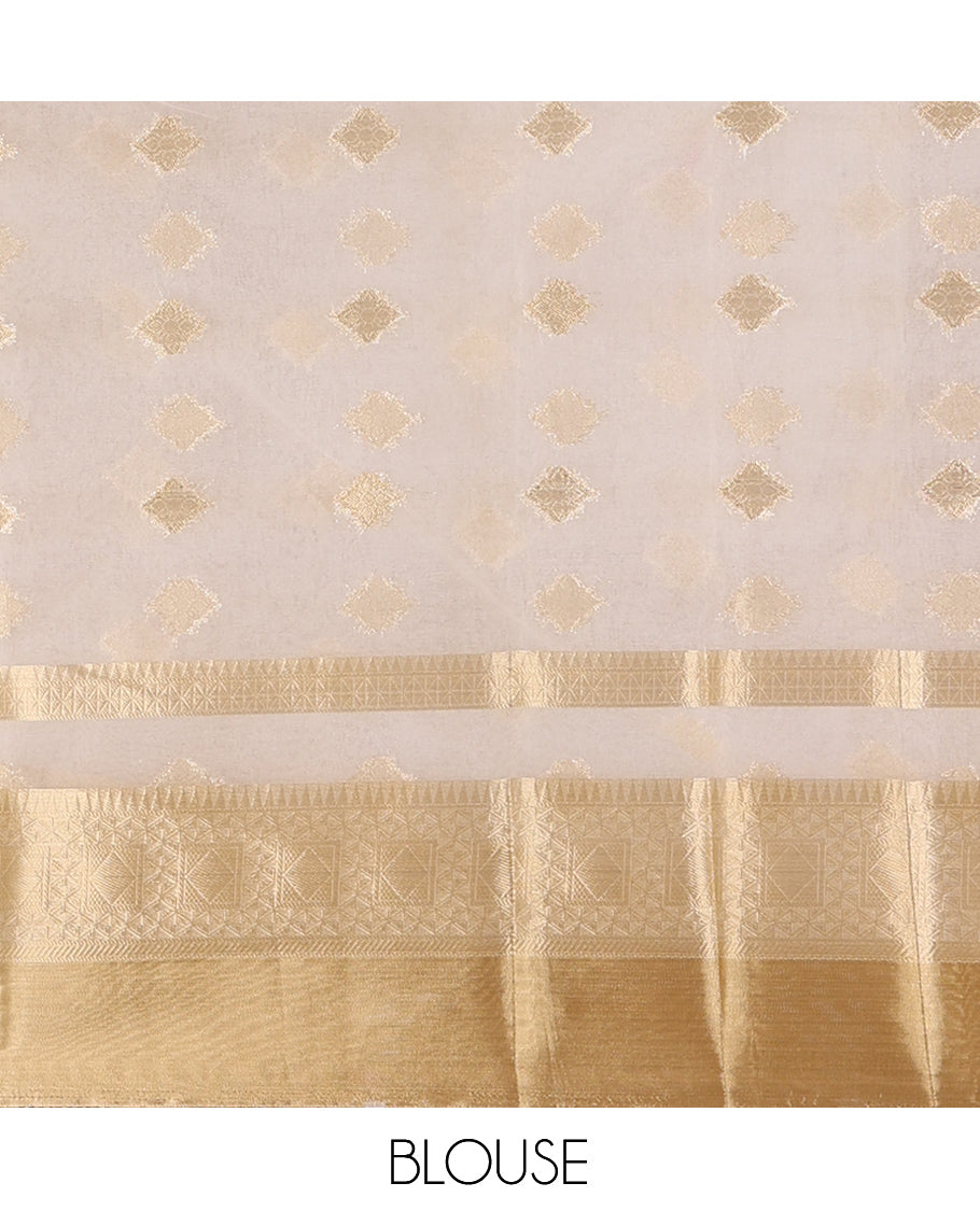 Cream Semi-Organza Saree, Subtly Enriched with Zari Buttas, Highlighted by a Zari Traditional Border, and a Matching Blouse