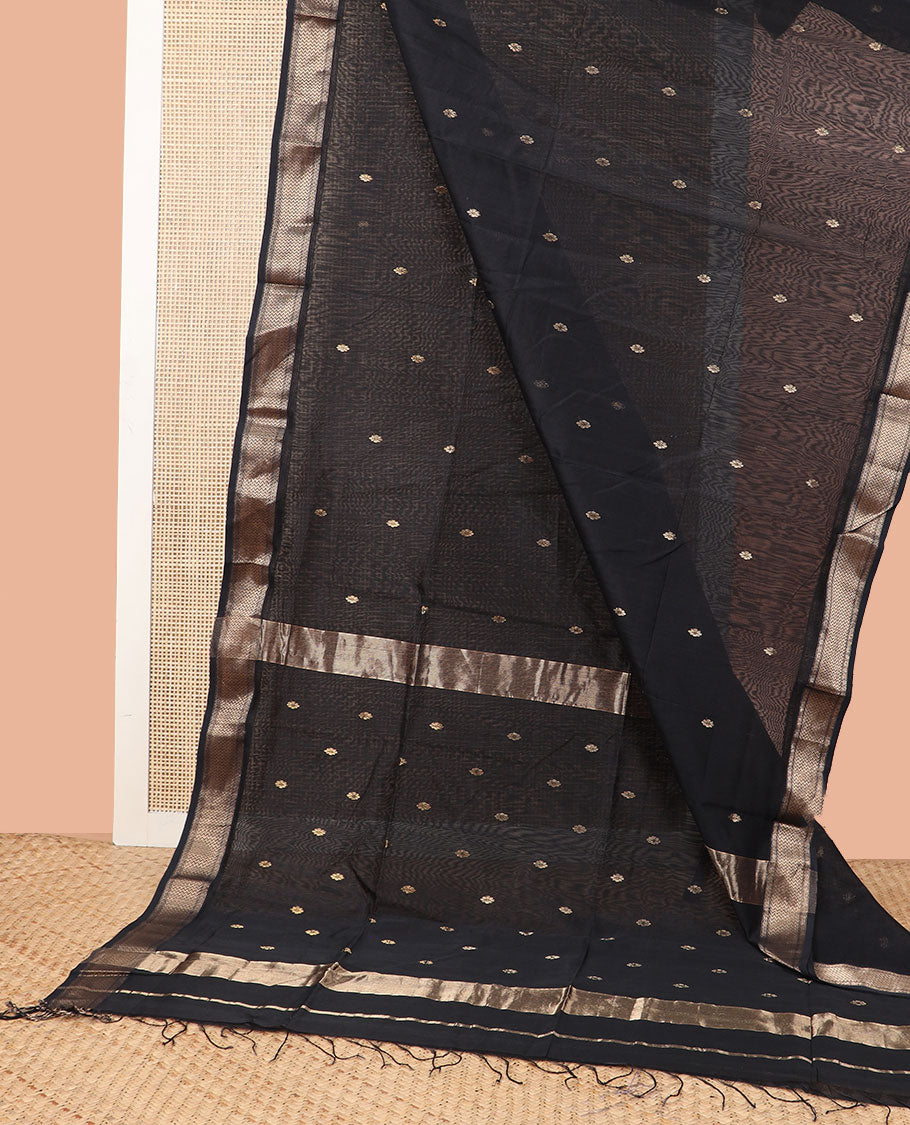Black motifs maheshwari cotton saree with self zari design border & striped, floral design pallu