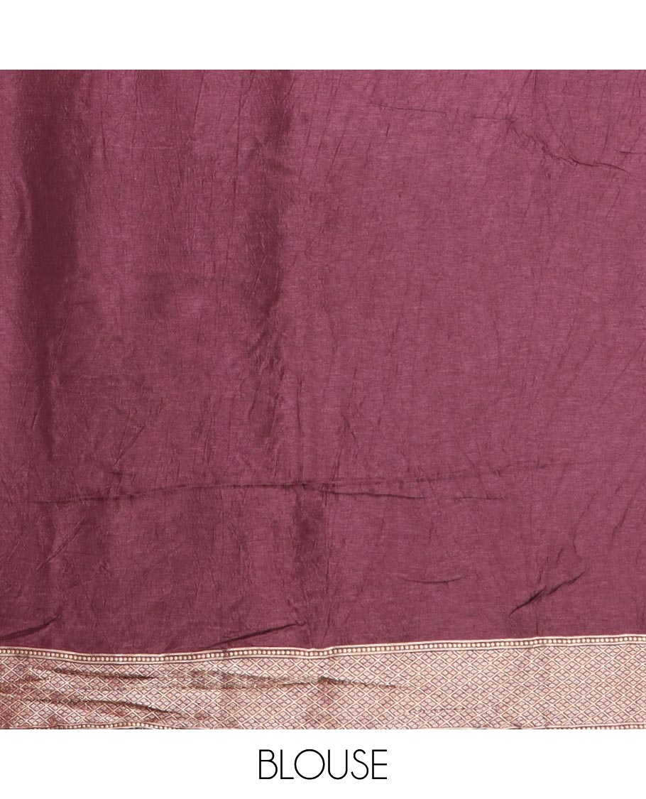 Maroon striped with floral semi-banaras dola silk saree with contrast zari border & pallu of argyle border