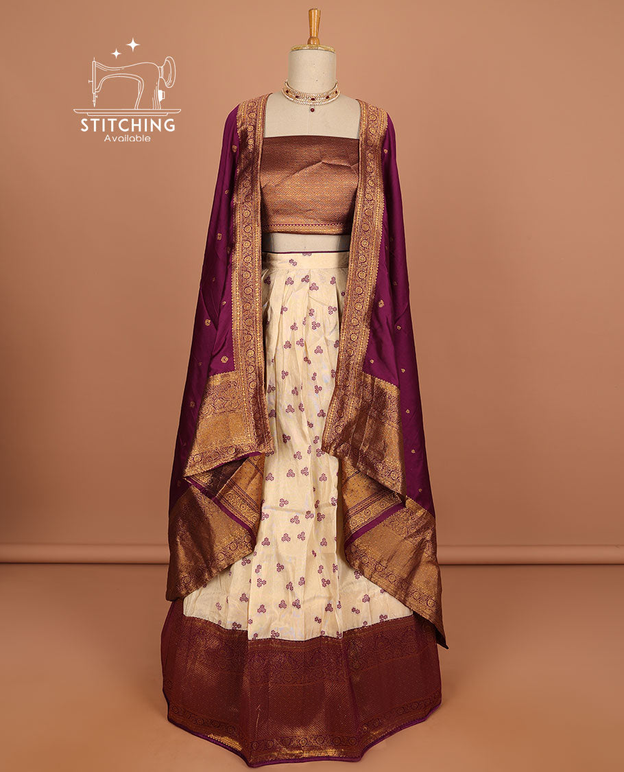 Cream floral buttas half saree with contrast zari border, zari design blouse & maroon floral zari design dhavani