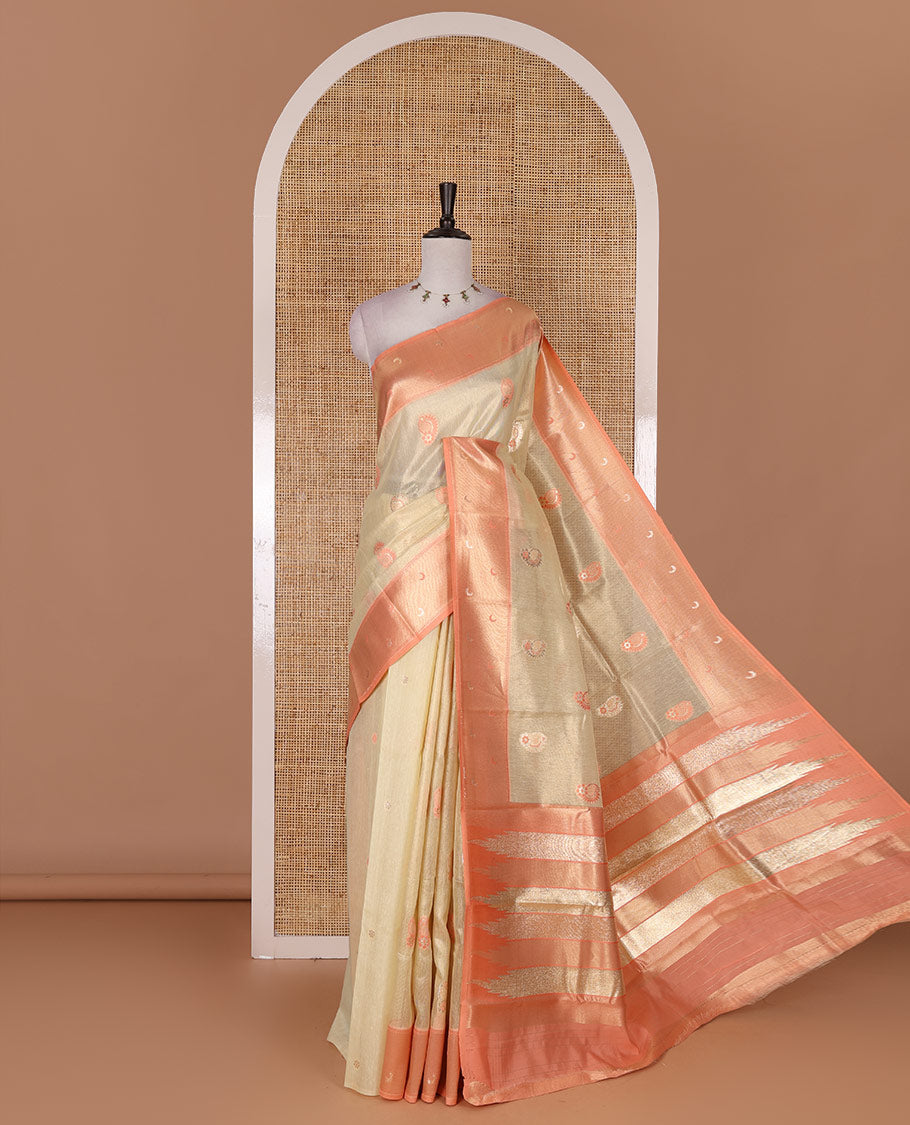 Sandal antique buttas tissue silk saree, contrast satin zari border of half-moon motifs, pallu of temple design pallu, and contrast butta blouse