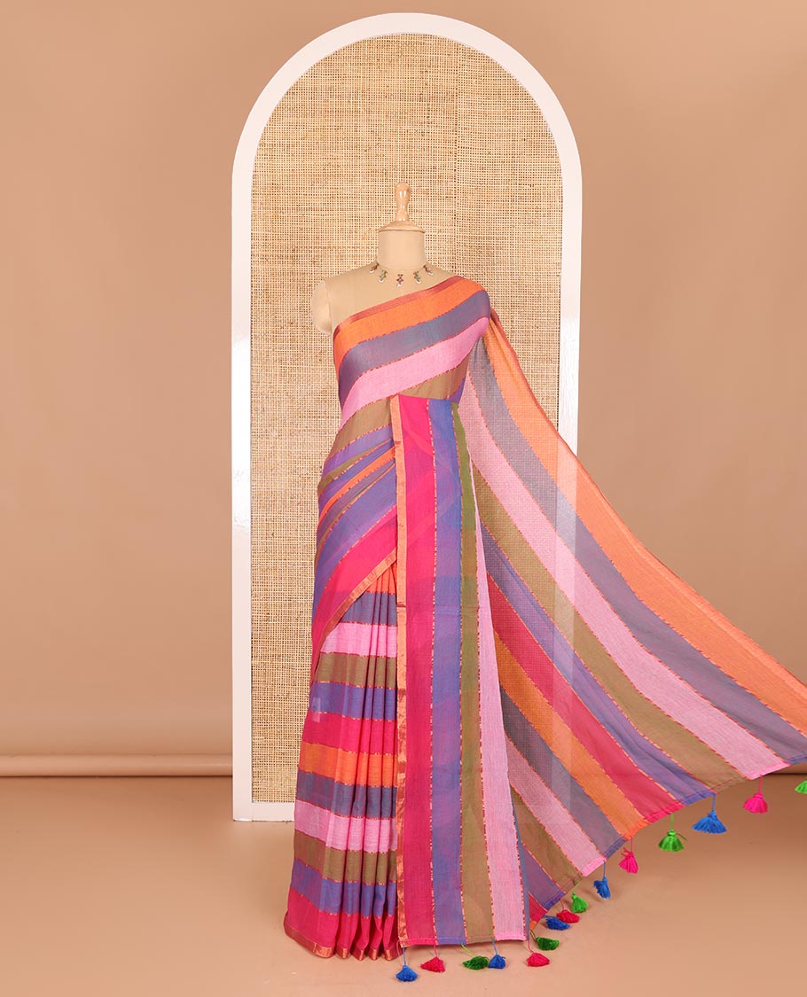 Purple rainbow-style striped Khadi mul cotton saree with piping zari border, and a matching zari striped blouse
