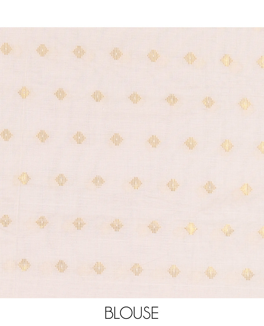 Borderless Cream Kerala Cotton Saree, Steeped with Zari Buttas, a Self-Pallu, and a Matching Blouse