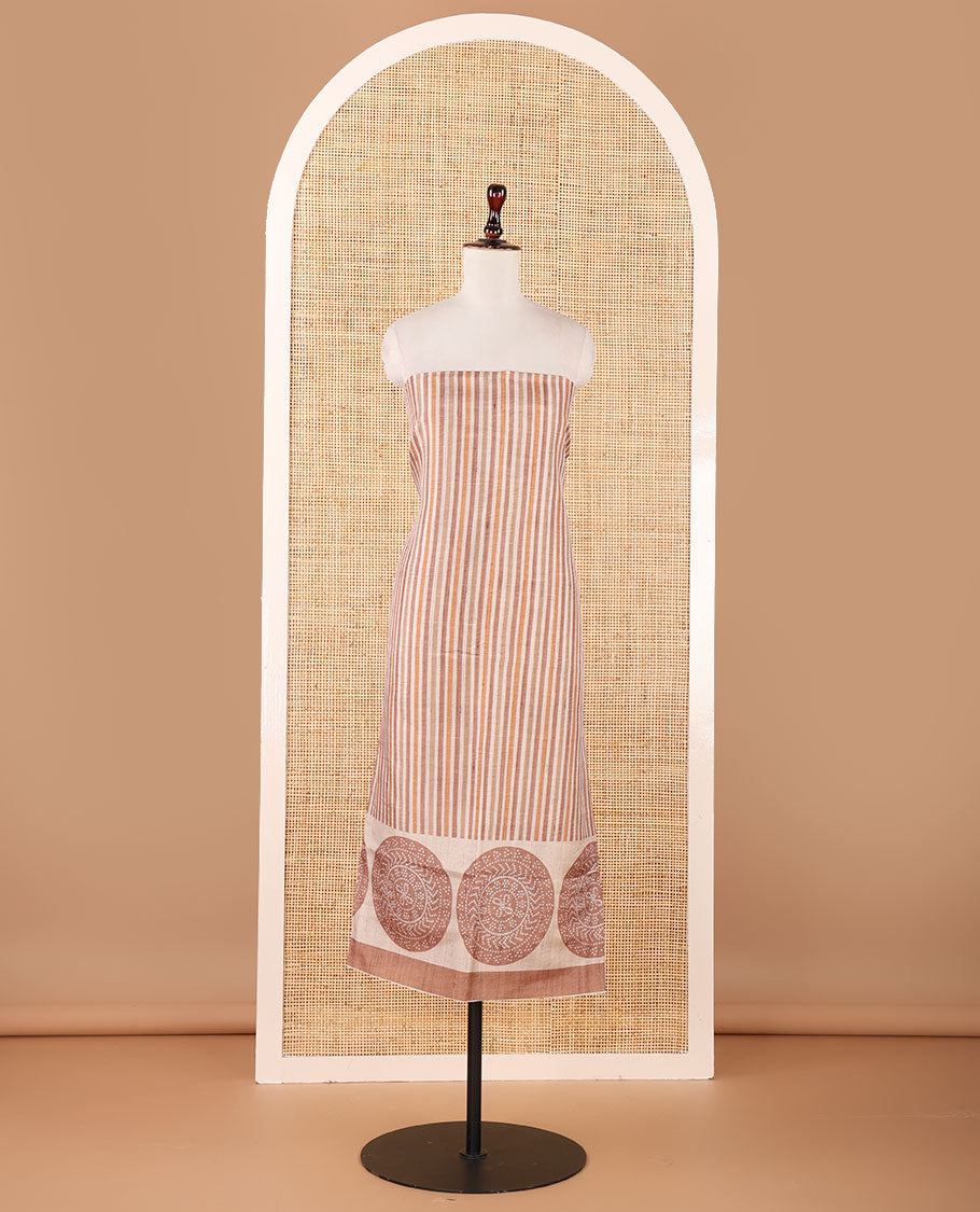 Mustard semi-tussar material chudidar set, stripes & bandhani-style dotted motifs printed top & dupatta with heathered bottom