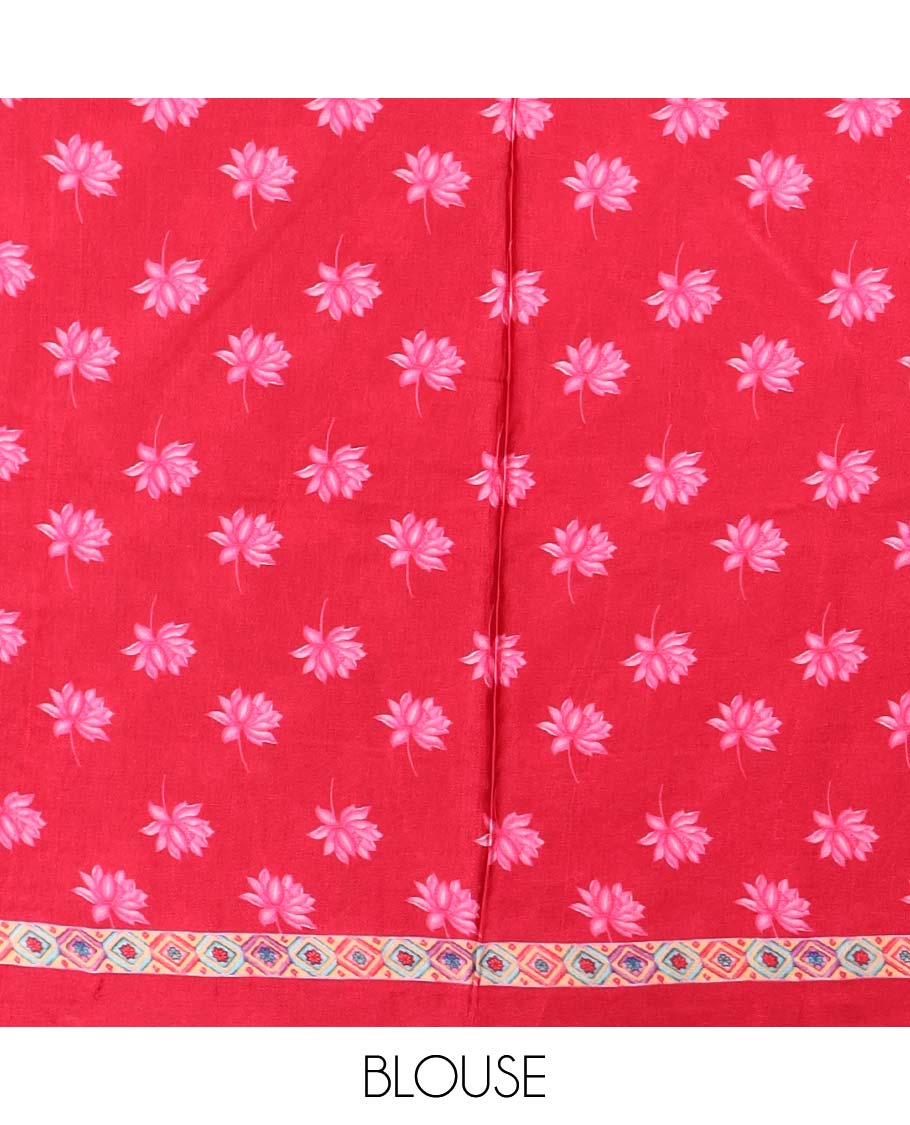 Multi-colored floral design semi-banaras printed saree contrast plain border & striped zari pallu
