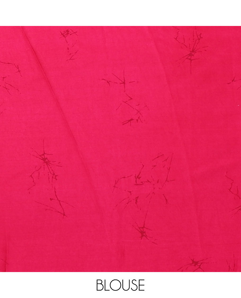 Borderless pink half-and-half model satin saree with batik-style big floral motifs digital printed body and pallu