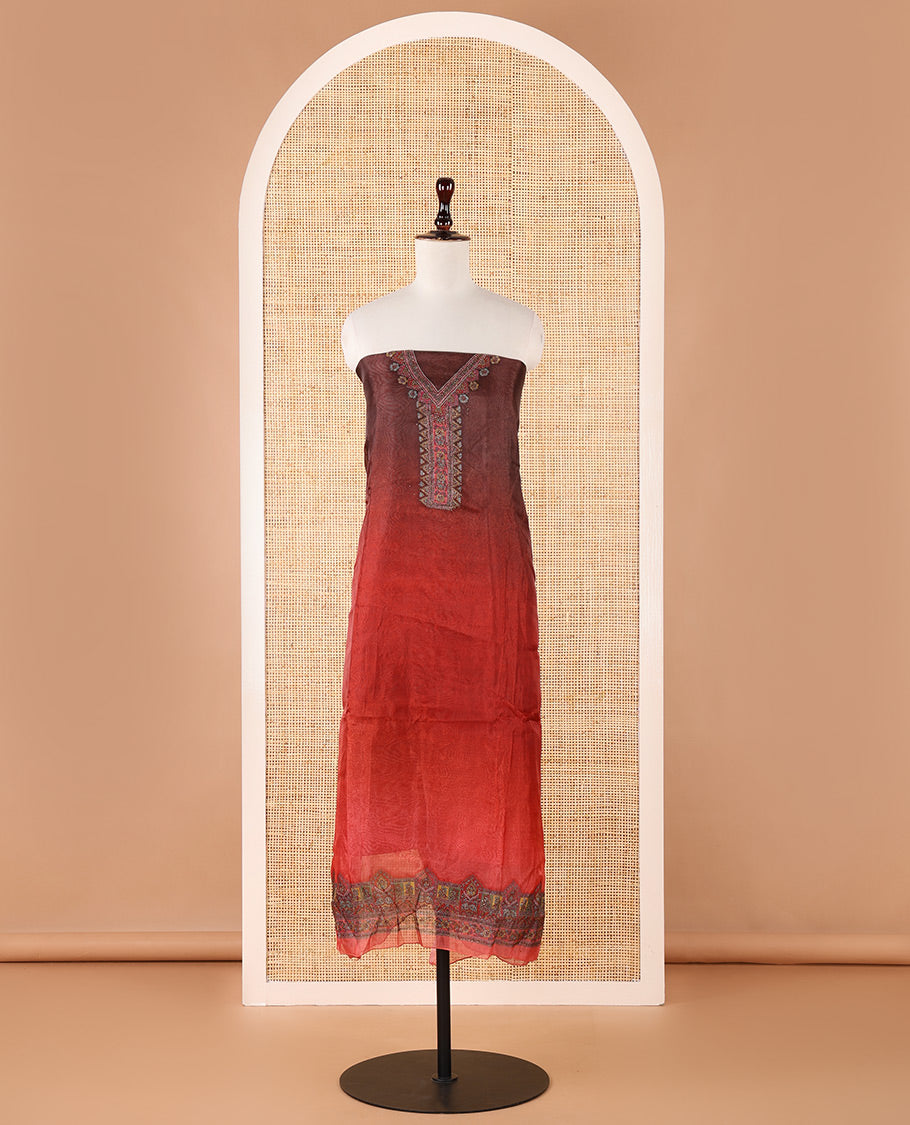 Brown ombre chudidar material set, intricately printed & Swarovski stone work V-neck organza top, bhandhani print & Swarovski stone work organza dupatta & plain santoon bottom