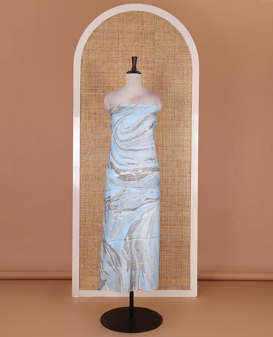 Blue semi-jute cotton material churidar set, abstract marble print top, abstract marble print bottom, and abstract marble print dupatta