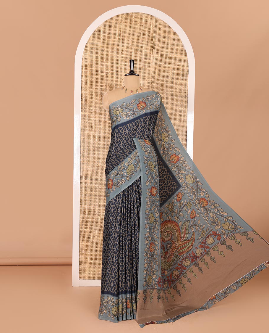 Navy blue Abstract printed Italian crepe saree, contrast kalamkari floral vine printed border, kalamkari printed pallu, and kalamkari printed blouse