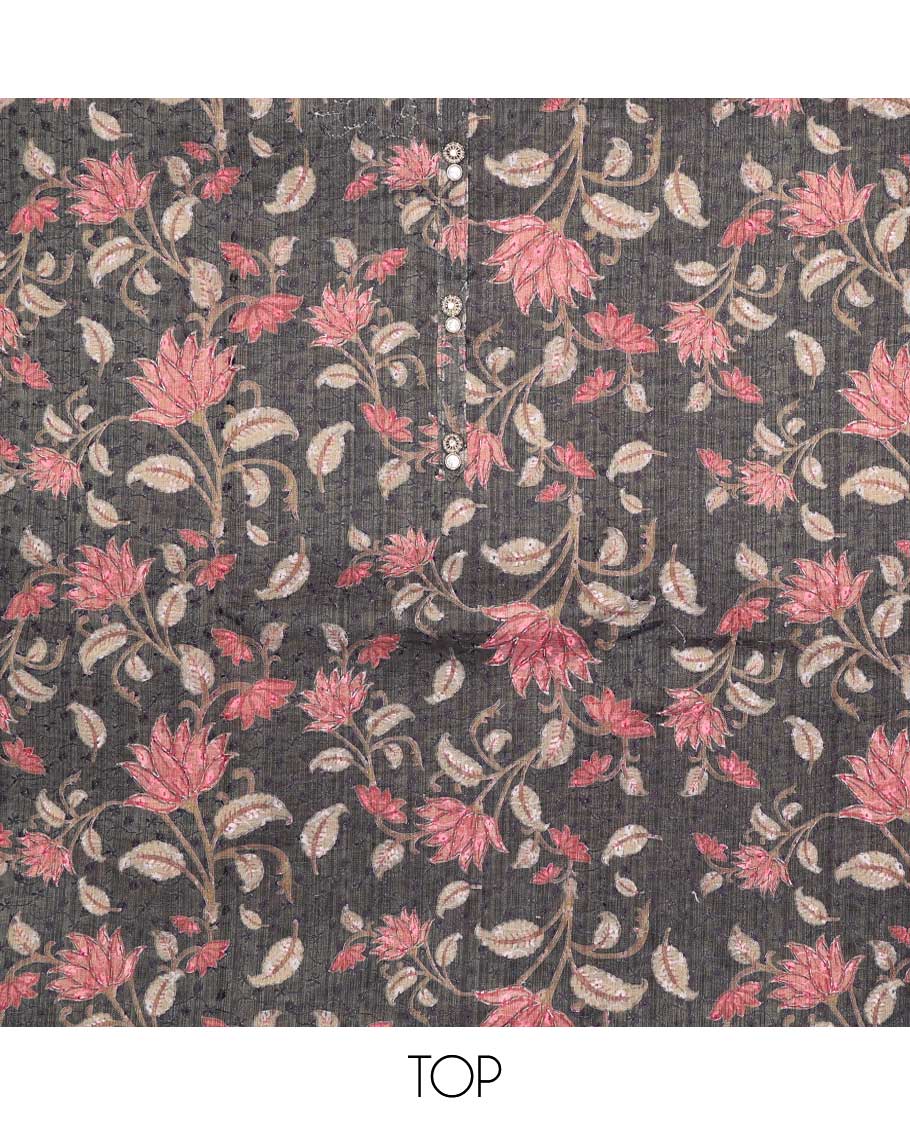 Black chudidhar material set floral printed top, contrast plain bottom & sequins embroidery dupatta