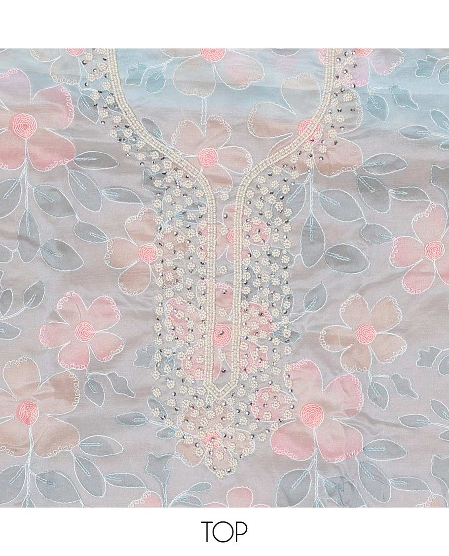 Light blue chudidhar material set floral bead embroidered top, plain bottom & floral sequins embroidered dupatta