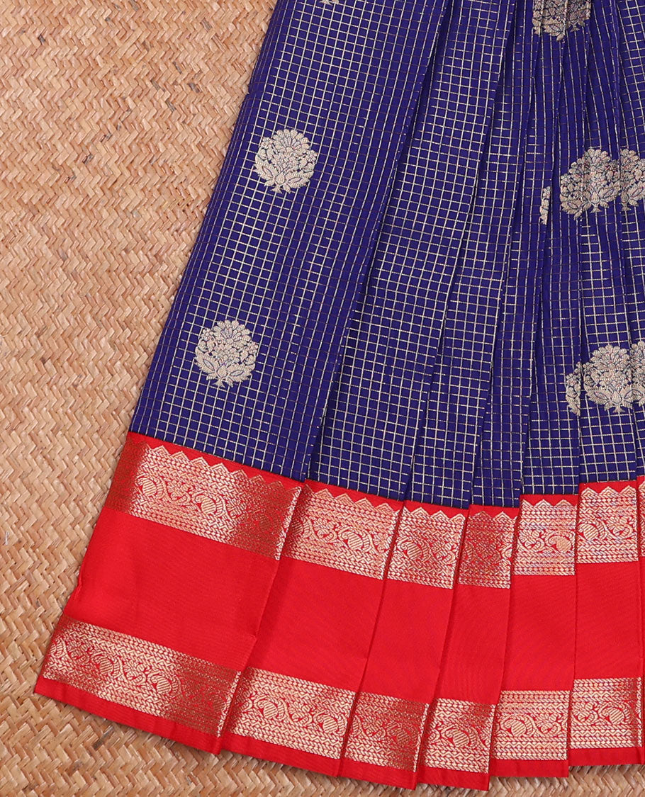 Blue Budget Silk Saree Elegantly Highlighted with Zari Checks and Buttas, Complemented by Contrast Rettai Pettu Traditional Motifs Border, Grandly Jaal Pallu, and a Contrast Blouse